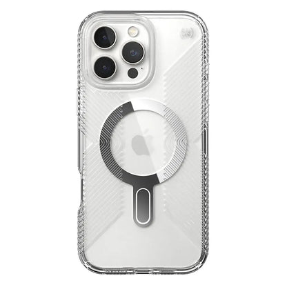 Speck Presidio Perfect-Clear Grip ClickLock ir MagSafe – iPhone 16 Pro Max dėklas (Skaidrus / Chromo apdaila / Serene Silver)