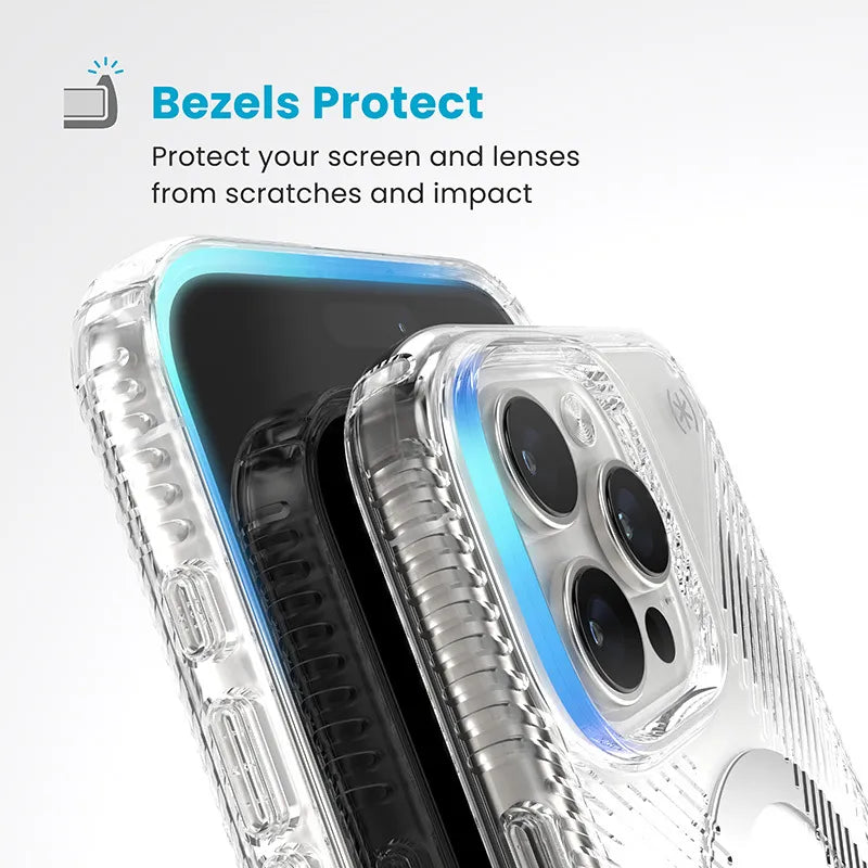 Speck Presidio Perfect-Clear Grip ClickLock ir MagSafe – iPhone 16 Pro Max dėklas (Skaidrus / Chromo apdaila / Serene Silver)