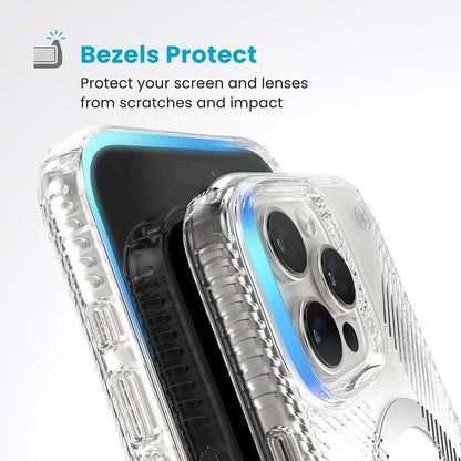 Speck Presidio Perfect-Clear Grip ClickLock ir MagSafe – iPhone 16 Pro Max dėklas (Skaidrus / Chromo apdaila / Serene Silver)