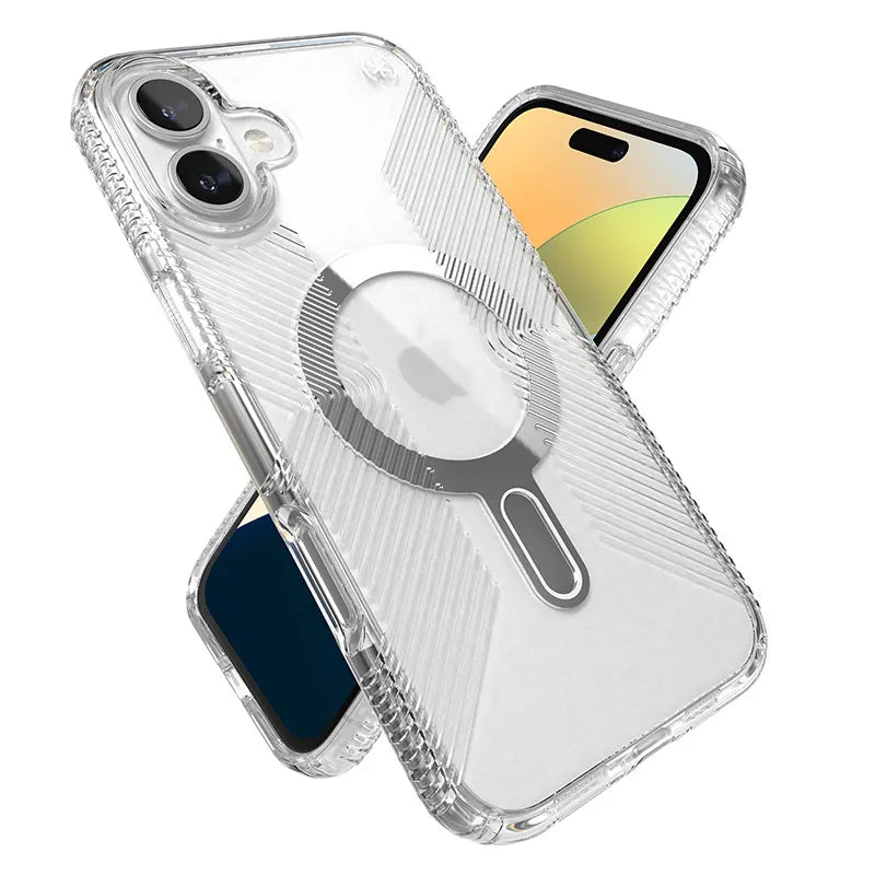 Speck Presidio Perfect-Clear Grip ClickLock & MagSafe – dėklas iPhone 16 Plus (skaidrus / chromuota apdaila / rami sidabrinė)