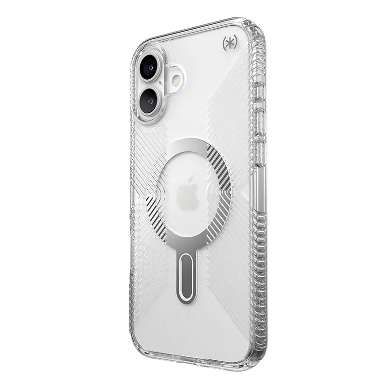 Speck Presidio Perfect-Clear Grip ClickLock & MagSafe – dėklas iPhone 16 Plus (skaidrus / chromuota apdaila / rami sidabrinė)