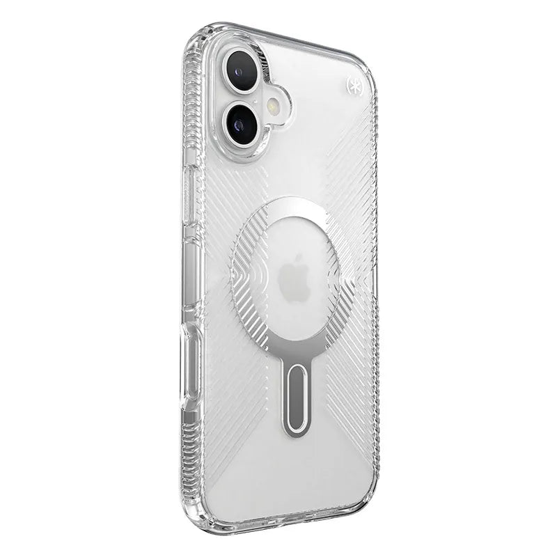 Speck Presidio Perfect-Clear Grip ClickLock & MagSafe – dėklas iPhone 16 Plus (skaidrus / chromuota apdaila / rami sidabrinė)