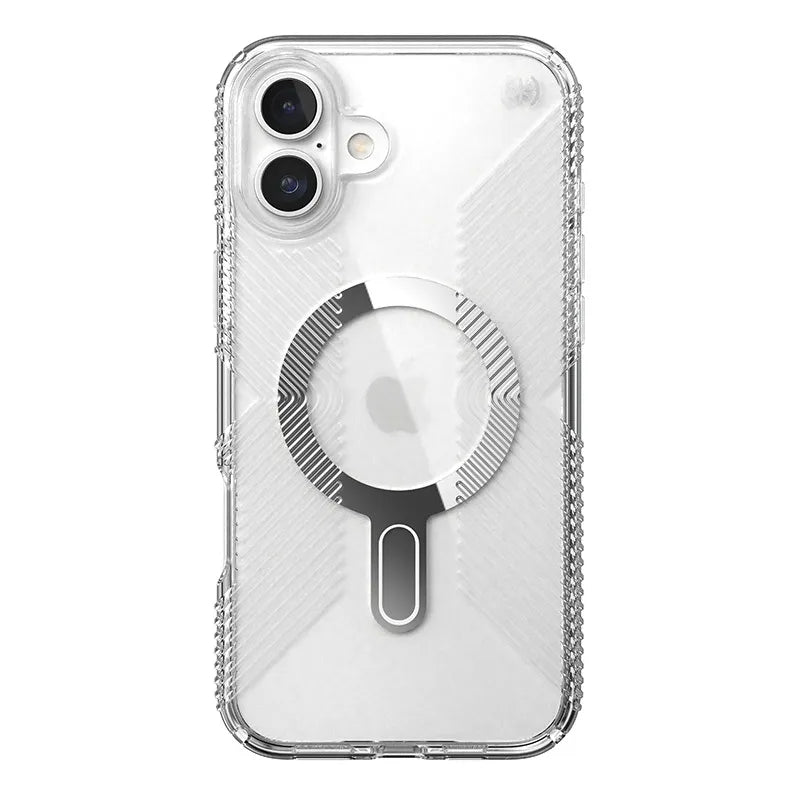 Speck Presidio Perfect-Clear Grip ClickLock & MagSafe – dėklas iPhone 16 Plus (skaidrus / chromuota apdaila / rami sidabrinė)