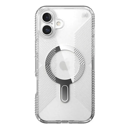 Speck Presidio Perfect-Clear Grip ClickLock & MagSafe – dėklas iPhone 16 Plus (skaidrus / chromuota apdaila / rami sidabrinė)
