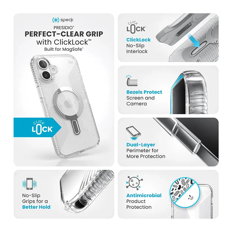 Speck Presidio Perfect-Clear Grip ClickLock & MagSafe – dėklas iPhone 16 Plus (skaidrus / chromuota apdaila / rami sidabrinė)