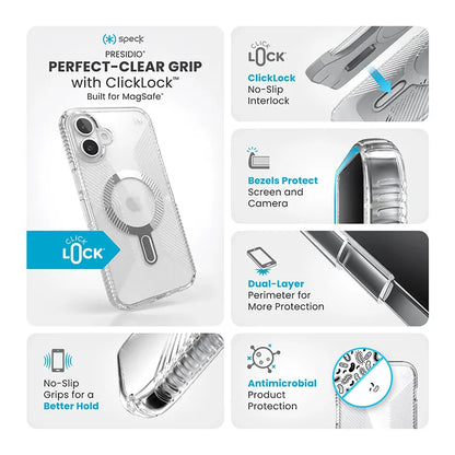 Speck Presidio Perfect-Clear Grip ClickLock & MagSafe – dėklas iPhone 16 Plus (skaidrus / chromuota apdaila / rami sidabrinė)