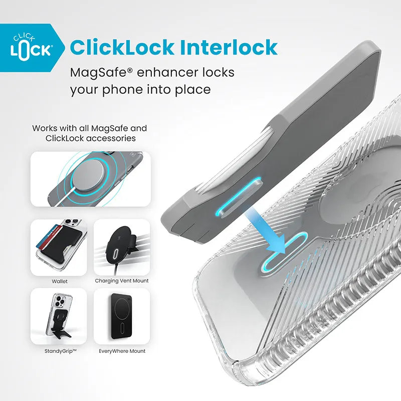 Speck Presidio Perfect-Clear Grip ClickLock & MagSafe – dėklas iPhone 16 Plus (skaidrus / chromuota apdaila / rami sidabrinė)
