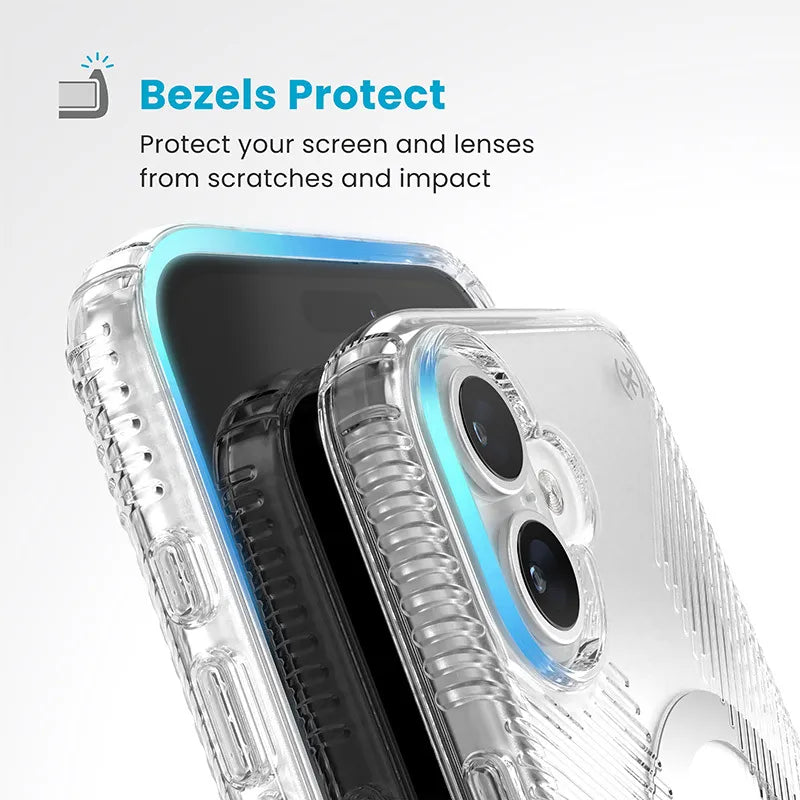 Speck Presidio Perfect-Clear Grip ClickLock & MagSafe – dėklas iPhone 16 Plus (skaidrus / chromuota apdaila / rami sidabrinė)