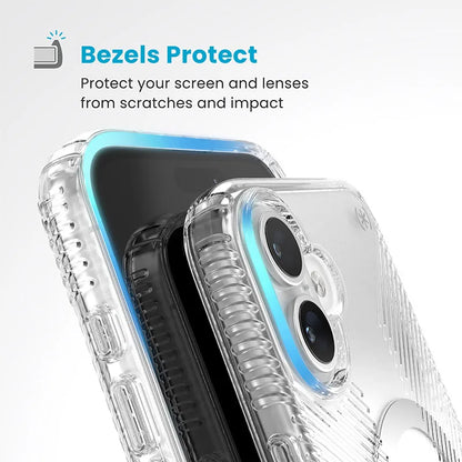 Speck Presidio Perfect-Clear Grip ClickLock & MagSafe – dėklas iPhone 16 Plus (skaidrus / chromuota apdaila / rami sidabrinė)