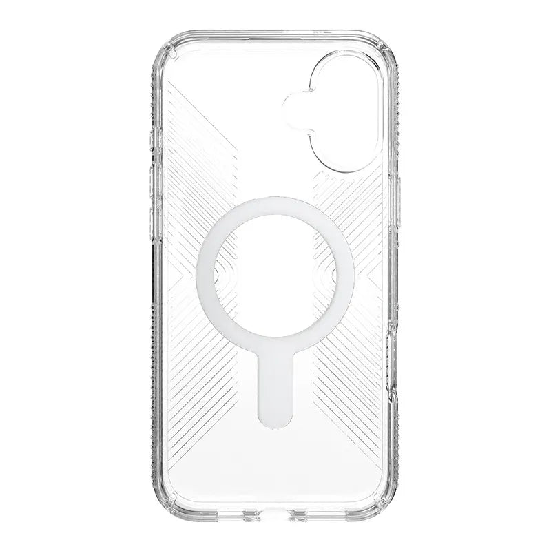Speck Presidio Perfect-Clear Grip ClickLock & MagSafe – dėklas iPhone 16 Plus (skaidrus / chromuota apdaila / rami sidabrinė)