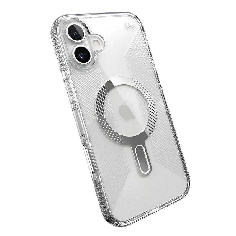 Speck Presidio Perfect-Clear Grip ClickLock & MagSafe – dėklas iPhone 16 Plus (skaidrus / chromuota apdaila / rami sidabrinė)