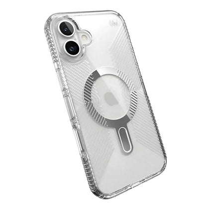 Speck Presidio Perfect-Clear Grip ClickLock & MagSafe – dėklas iPhone 16 Plus (skaidrus / chromuota apdaila / rami sidabrinė)