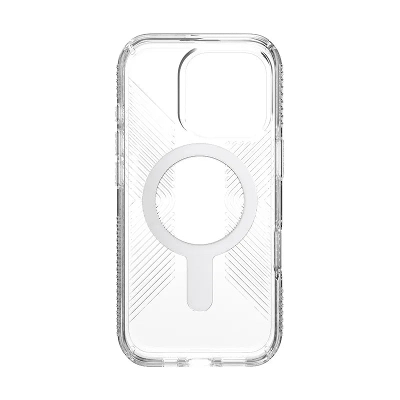 Speck Presidio Perfect-Clear Grip ClickLock & MagSafe – dėklas iPhone 16 Pro (skaidrus / chromo apdaila / rami sidabrinė)