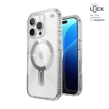 Speck Presidio Perfect-Clear Grip ClickLock & MagSafe – dėklas iPhone 16 Pro (skaidrus / chromo apdaila / rami sidabrinė)