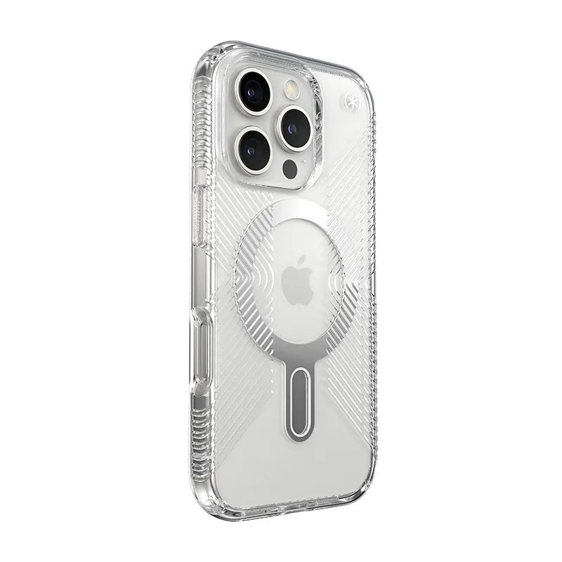 Speck Presidio Perfect-Clear Grip ClickLock & MagSafe – dėklas iPhone 16 Pro (skaidrus / chromo apdaila / rami sidabrinė)