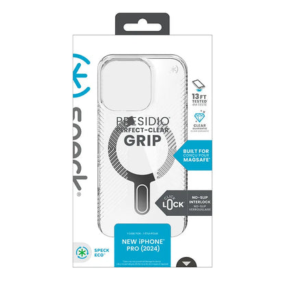 Speck Presidio Perfect-Clear Grip ClickLock & MagSafe – dėklas iPhone 16 Pro (skaidrus / chromo apdaila / rami sidabrinė)