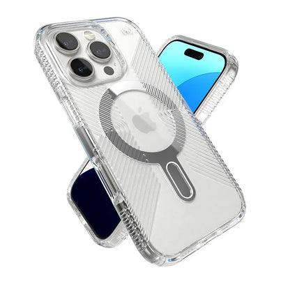 Speck Presidio Perfect-Clear Grip ClickLock & MagSafe – dėklas iPhone 16 Pro (skaidrus / chromo apdaila / rami sidabrinė)