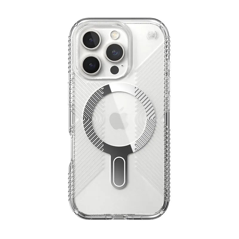 Speck Presidio Perfect-Clear Grip ClickLock & MagSafe – dėklas iPhone 16 Pro (skaidrus / chromo apdaila / rami sidabrinė)