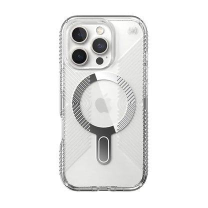 Speck Presidio Perfect-Clear Grip ClickLock & MagSafe – dėklas iPhone 16 Pro (skaidrus / chromo apdaila / rami sidabrinė)