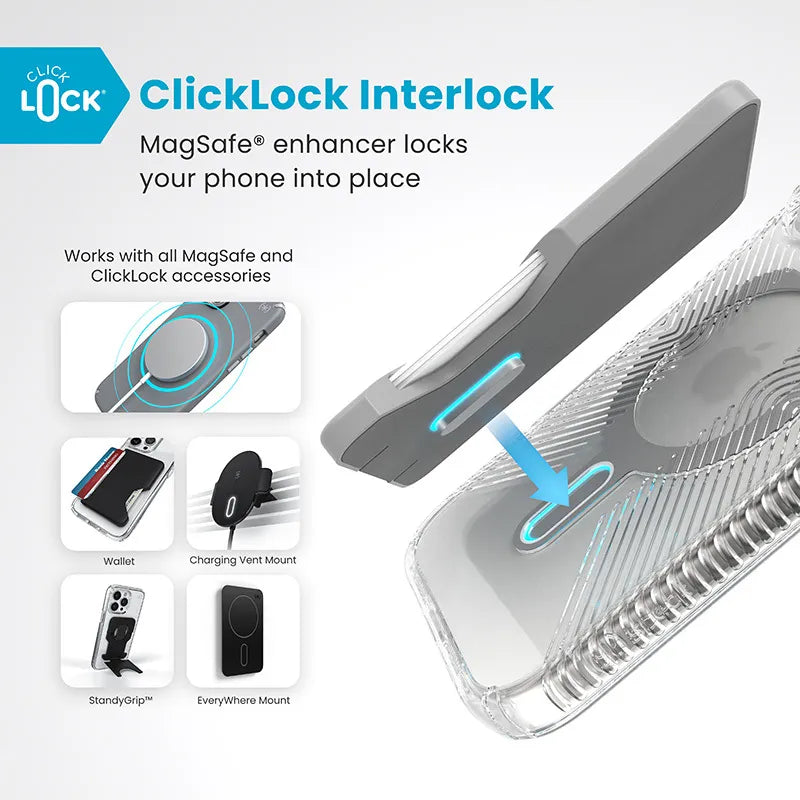 Speck Presidio Perfect-Clear Grip ClickLock & MagSafe – dėklas iPhone 16 Pro (skaidrus / chromo apdaila / rami sidabrinė)