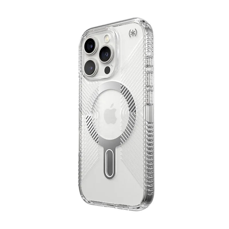 Speck Presidio Perfect-Clear Grip ClickLock & MagSafe – dėklas iPhone 16 Pro (skaidrus / chromo apdaila / rami sidabrinė)