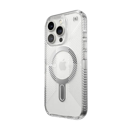 Speck Presidio Perfect-Clear Grip ClickLock & MagSafe – dėklas iPhone 16 Pro (skaidrus / chromo apdaila / rami sidabrinė)