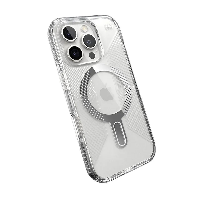 Speck Presidio Perfect-Clear Grip ClickLock & MagSafe – dėklas iPhone 16 Pro (skaidrus / chromo apdaila / rami sidabrinė)