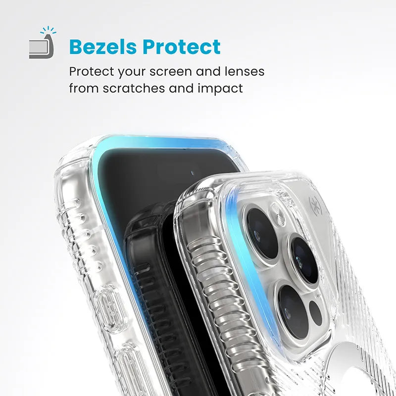 Speck Presidio Perfect-Clear Grip ClickLock & MagSafe – dėklas iPhone 16 Pro (skaidrus / chromo apdaila / rami sidabrinė)