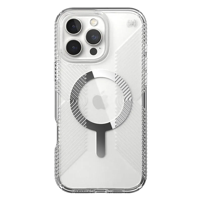 Speck Presidio Perfect-Clear Grip MagSafe – Dėklas iPhone 16 Pro Max (Skaidrus / Chromo apdaila / Serene Silver)