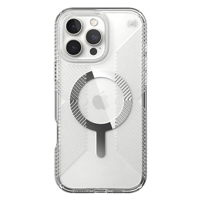 Speck Presidio Perfect-Clear Grip MagSafe – Dėklas iPhone 16 Pro Max (Skaidrus / Chromo apdaila / Serene Silver)