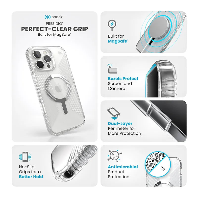 Speck Presidio Perfect-Clear Grip MagSafe – Dėklas iPhone 16 Pro Max (Skaidrus / Chromo apdaila / Serene Silver)