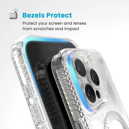 Speck Presidio Perfect-Clear Grip MagSafe – Dėklas iPhone 16 Pro Max (Skaidrus / Chromo apdaila / Serene Silver)
