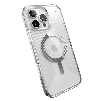 Speck Presidio Perfect-Clear Grip MagSafe – Dėklas iPhone 16 Pro Max (Skaidrus / Chromo apdaila / Serene Silver)