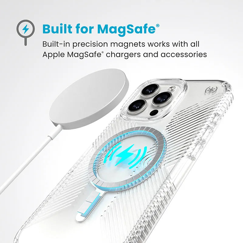 Speck Presidio Perfect-Clear Grip MagSafe – Dėklas iPhone 16 Pro Max (Skaidrus / Chromo apdaila / Serene Silver)