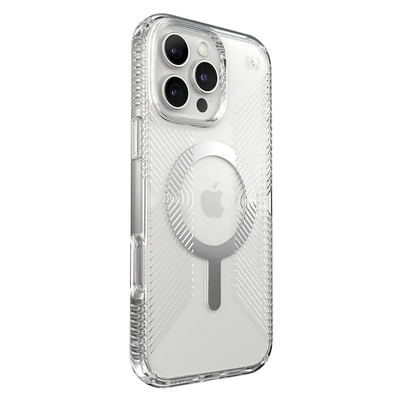 Speck Presidio Perfect-Clear Grip MagSafe – Dėklas iPhone 16 Pro Max (Skaidrus / Chromo apdaila / Serene Silver)