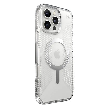 Speck Presidio Perfect-Clear Grip MagSafe – Dėklas iPhone 16 Pro Max (Skaidrus / Chromo apdaila / Serene Silver)