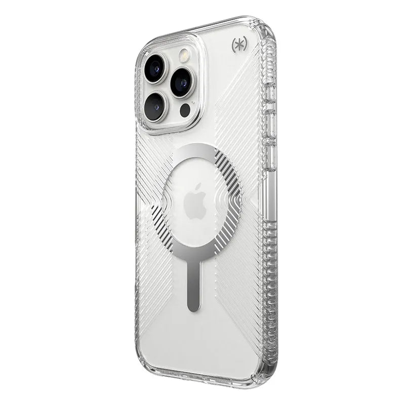 Speck Presidio Perfect-Clear Grip MagSafe – Dėklas iPhone 16 Pro Max (Skaidrus / Chromo apdaila / Serene Silver)
