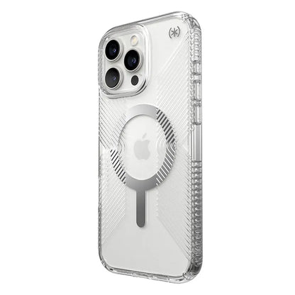 Speck Presidio Perfect-Clear Grip MagSafe – Dėklas iPhone 16 Pro Max (Skaidrus / Chromo apdaila / Serene Silver)