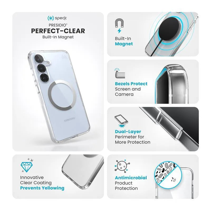 Speck Presidio Perfect-Clear Magnet - Samsung Galaxy S25+ / S24+ MagSafe dėklas (Skaidrus / Chromo apdaila / Serene Silver)