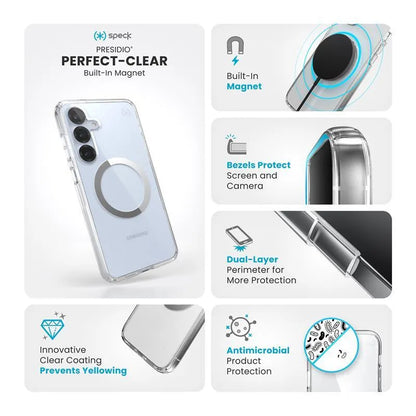 Speck Presidio Perfect-Clear Magnet - Samsung Galaxy S25+ / S24+ MagSafe dėklas (Skaidrus / Chromo apdaila / Serene Silver)