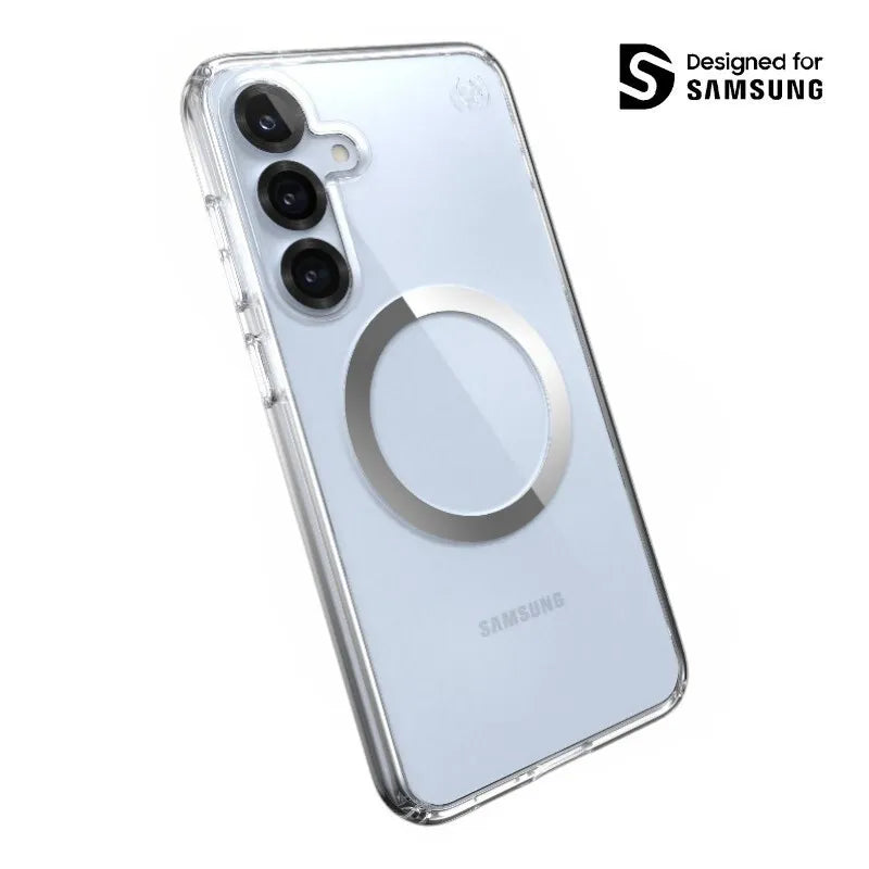 Speck Presidio Perfect-Clear Magnet - Samsung Galaxy S25+ / S24+ MagSafe dėklas (Skaidrus / Chromo apdaila / Serene Silver)