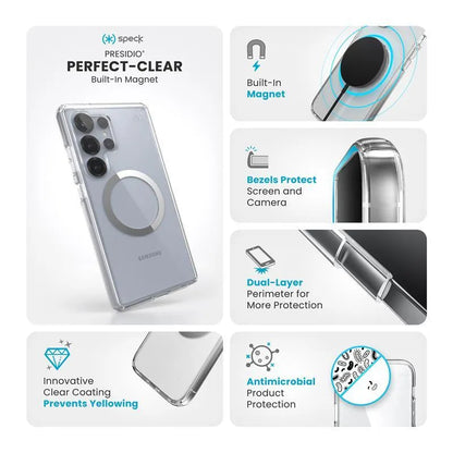 Speck Presidio Perfect-Clear Magnet - Samsung Galaxy S25 Ultra MagSafe dėklas (Skaidrus / Chromo apdaila / Serene Silver)