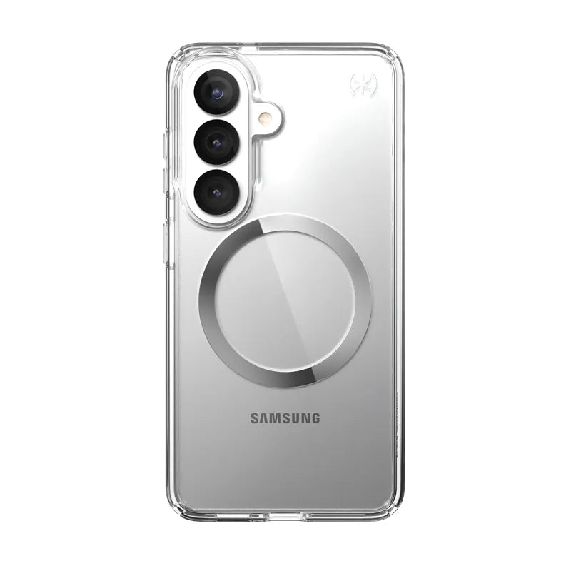 Speck Presidio Perfect-Clear Magnet – Samsung Galaxy S26 dėklas su MagSafe (Skaidrus/Skaidrus/Sidabrinis)