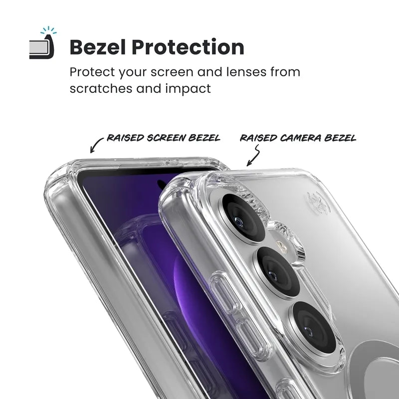Speck Presidio Perfect-Clear Magnet – Samsung Galaxy S26 dėklas su MagSafe (Skaidrus/Skaidrus/Sidabrinis)