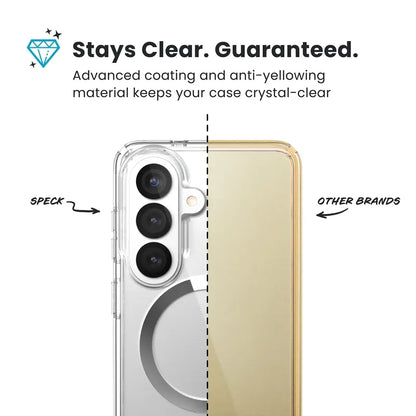 Speck Presidio Perfect-Clear Magnet – Samsung Galaxy S26 dėklas su MagSafe (Skaidrus/Skaidrus/Sidabrinis)