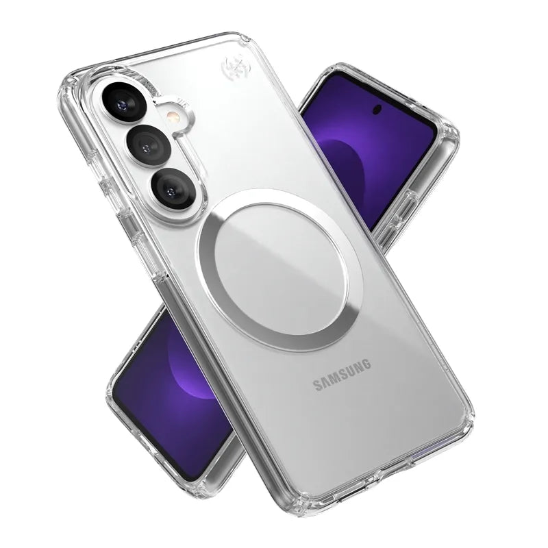 Speck Presidio Perfect-Clear Magnet – Samsung Galaxy S26 dėklas su MagSafe (Skaidrus/Skaidrus/Sidabrinis)