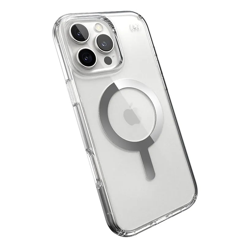 Speck Presidio Perfect-Clear MagSafe dėklas – iPhone 16 Pro Max (Skaidrus / chromo apdaila / Serene Silver)