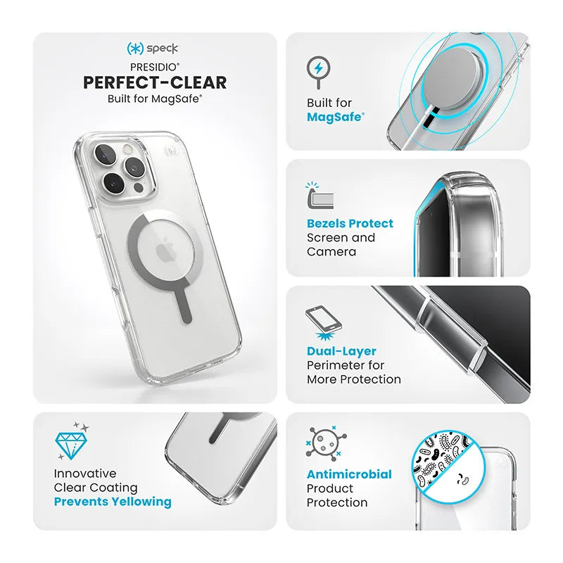 Speck Presidio Perfect-Clear MagSafe dėklas – iPhone 16 Pro Max (Skaidrus / chromo apdaila / Serene Silver)