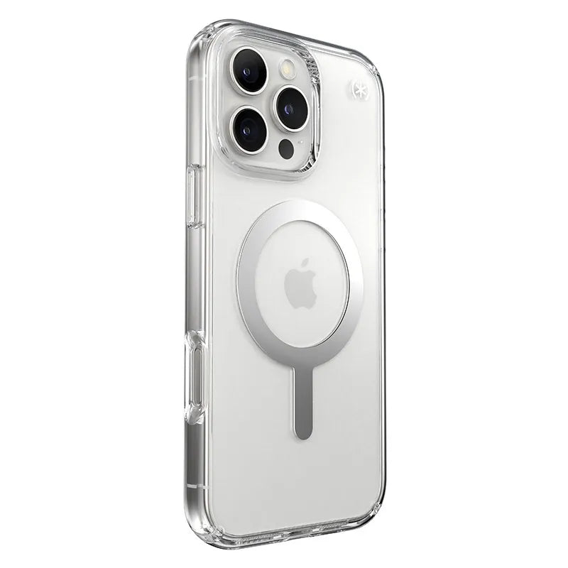Speck Presidio Perfect-Clear MagSafe dėklas – iPhone 16 Pro Max (Skaidrus / chromo apdaila / Serene Silver)
