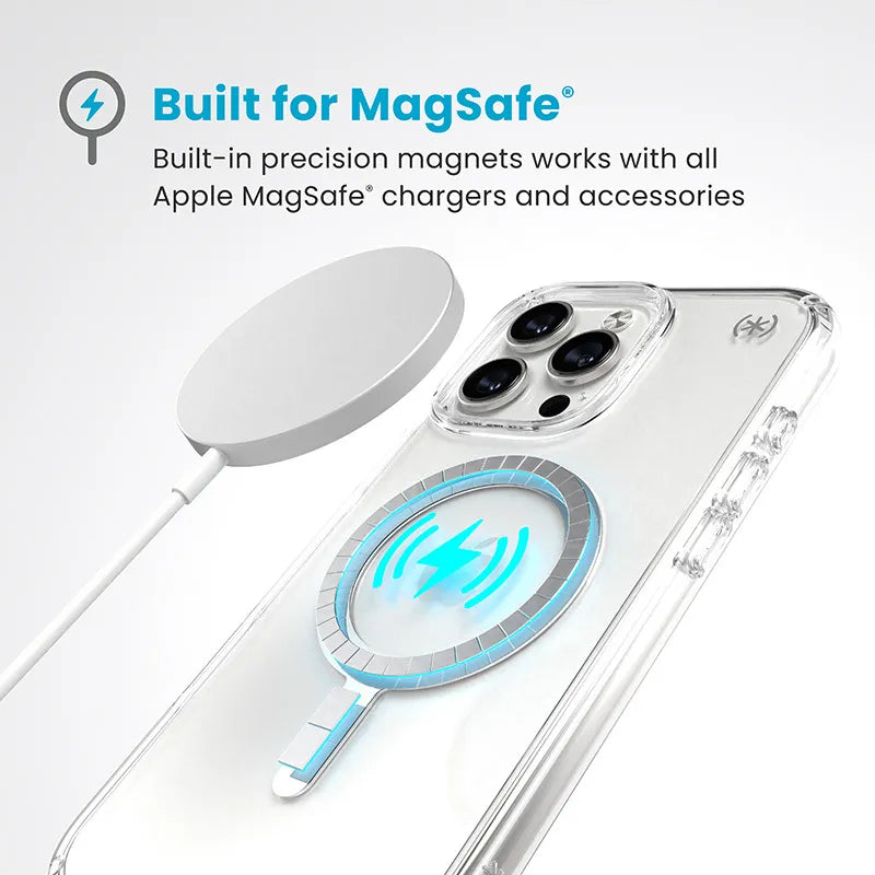 Speck Presidio Perfect-Clear MagSafe dėklas – iPhone 16 Pro Max (Skaidrus / chromo apdaila / Serene Silver)